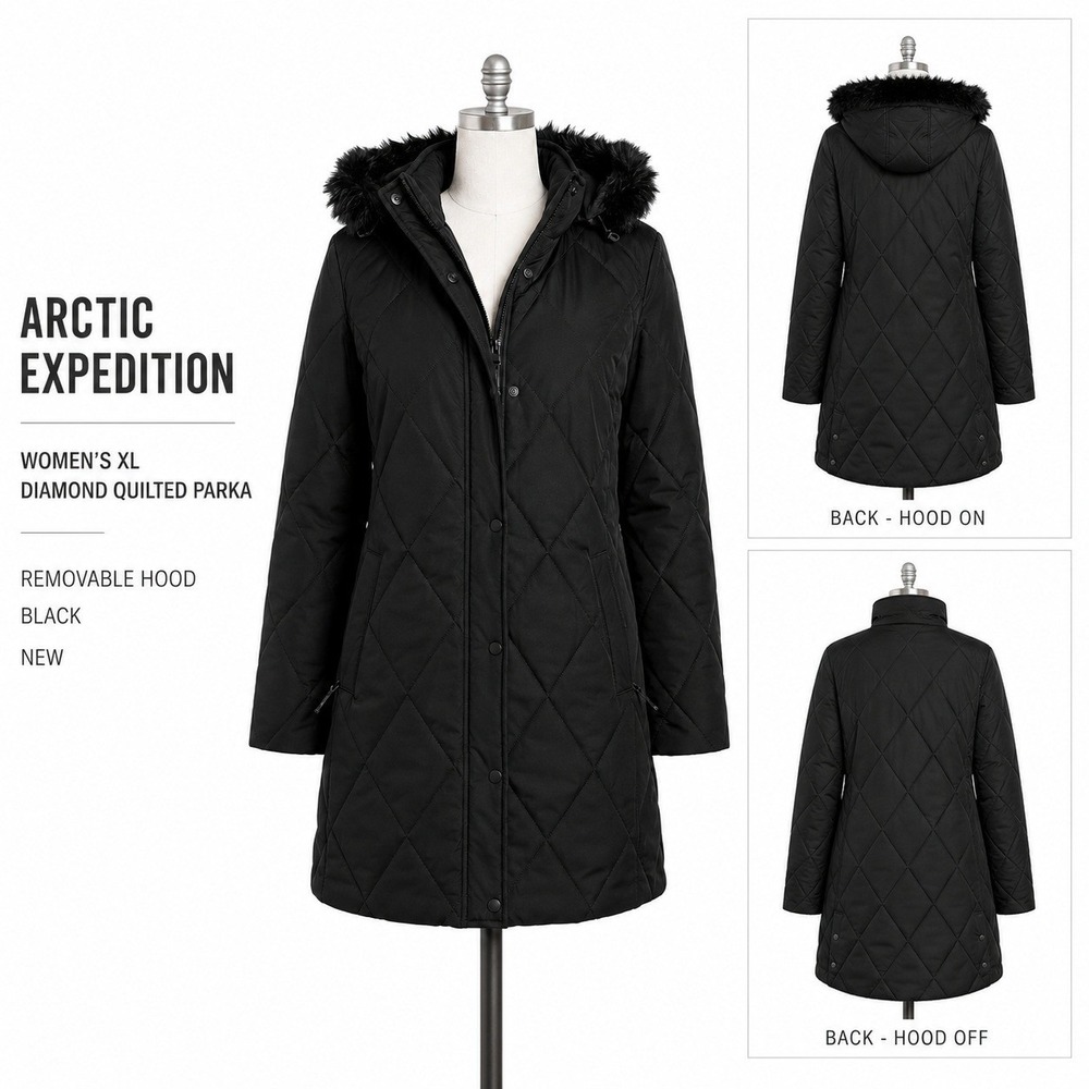 Arctic Expedition Womens XL Diamond Quilted Parka Removable Hood Black A661553